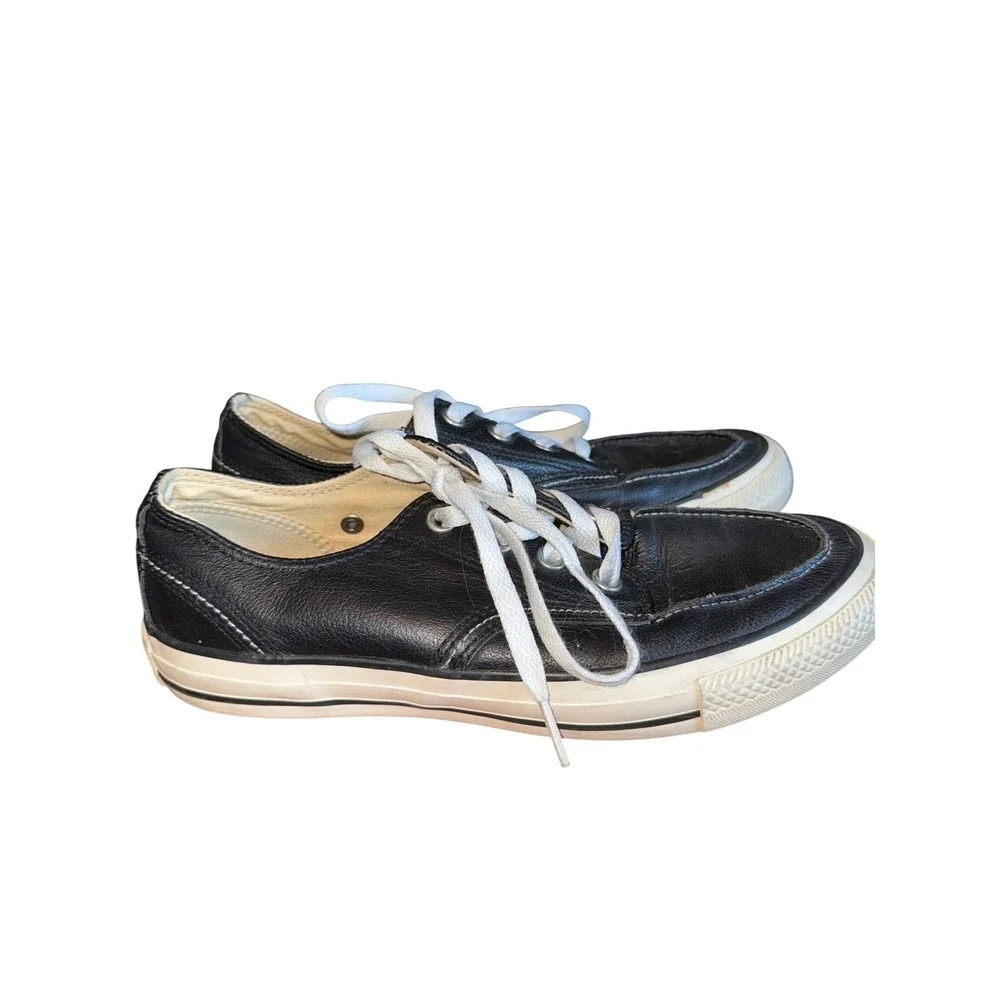 Converse All Star Black Leather Lace Up Low Top Sneaker Boat Shoes Men 6 Women 8
